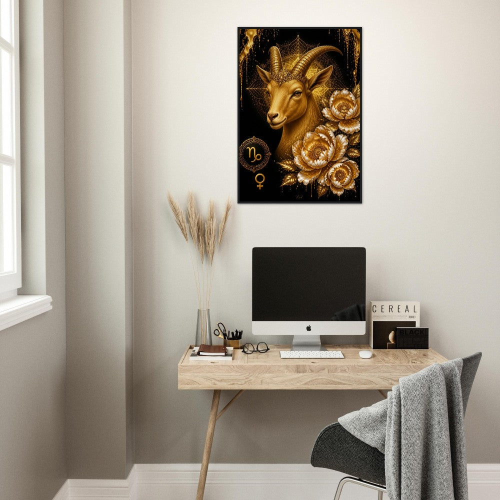 Capricorn Zodiac Goat Poster, Gold Wall Art, Astrology Canvas, Goat Portrait, Zodiac Gift for Her, Danish Art Studio