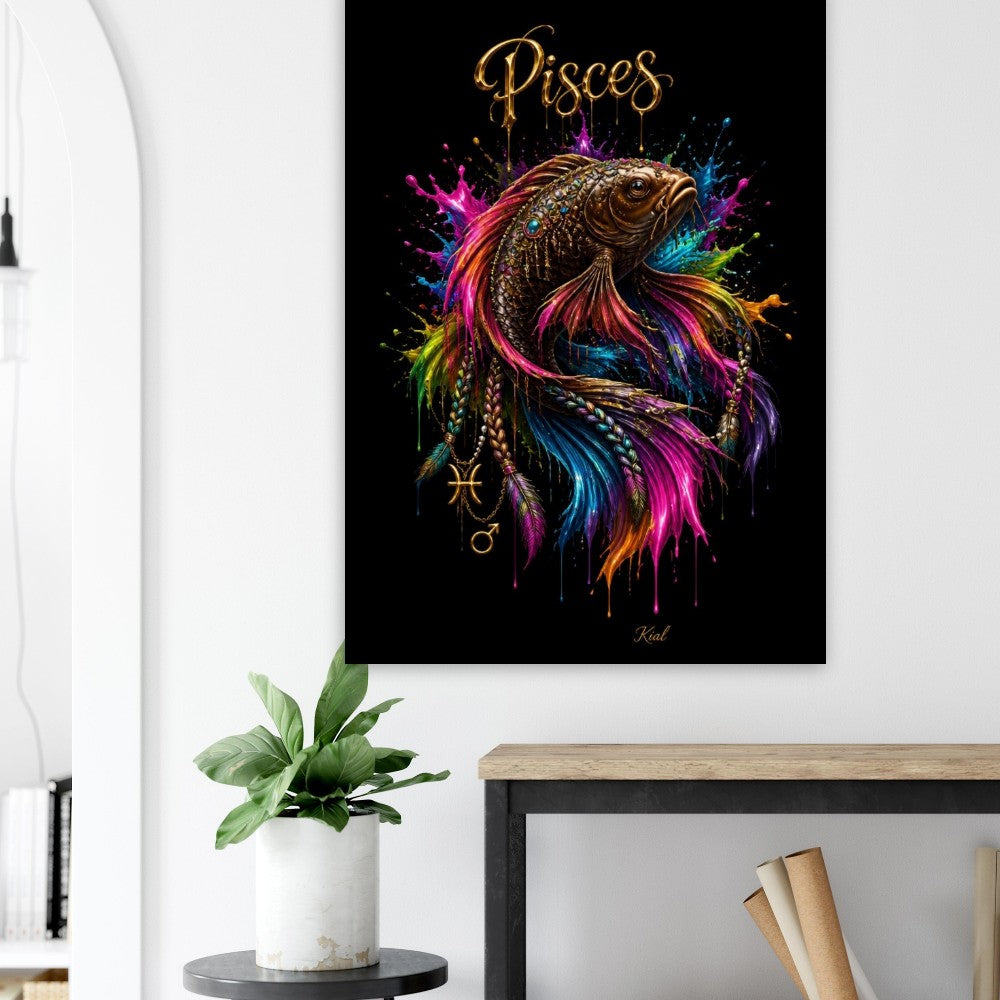 Pisces Neon Zodiac Koi Poster, Colorful Wall Art, Artistic Astrology Canvas, Zodiac Gift for Him, Danish Art Studio