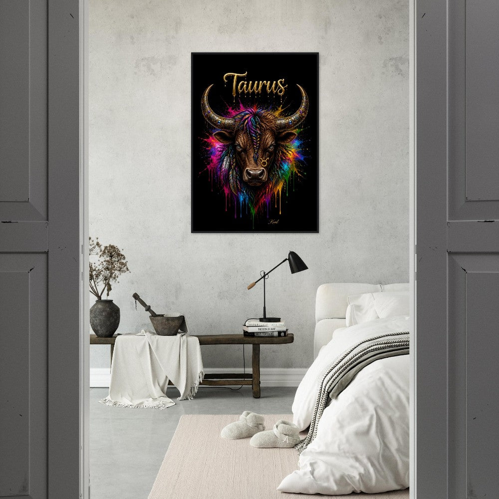 Taurus Neon Zodiac Bull Poster, Colorful Wall Art, Artistic Astrology Canvas, Zodiac Gift for Him, Danish Art Studio