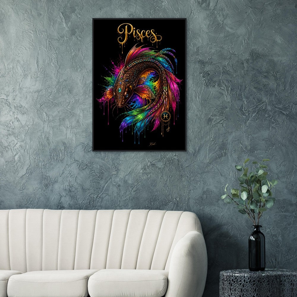 Pisces Neon Zodiac Koi Poster, Colorful Wall Art, Artistic Astrology Canvas, Zodiac Gift for Him, Danish Art Studio
