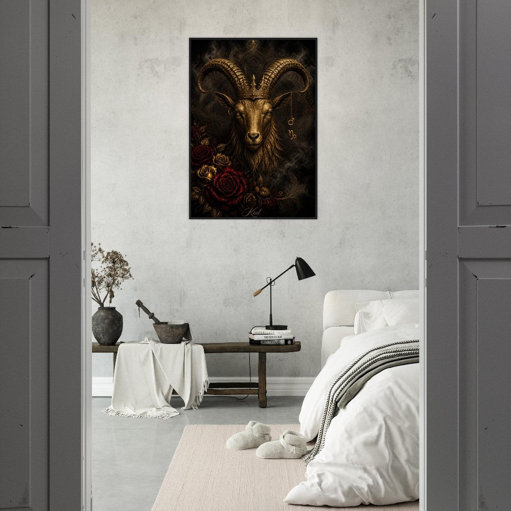 Capricorn Zodiac Goat Poster, Gold Wall Art, Astrology Canvas, Goat Portrait, Zodiac Gift for Him, Danish Art Studio