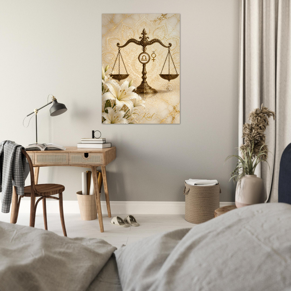 Libra Zodiac Scales Poster, Gold Wall Art, Astrology Canvas, Scales Portrait, Zodiac Gift for Her, Danish Art Studio