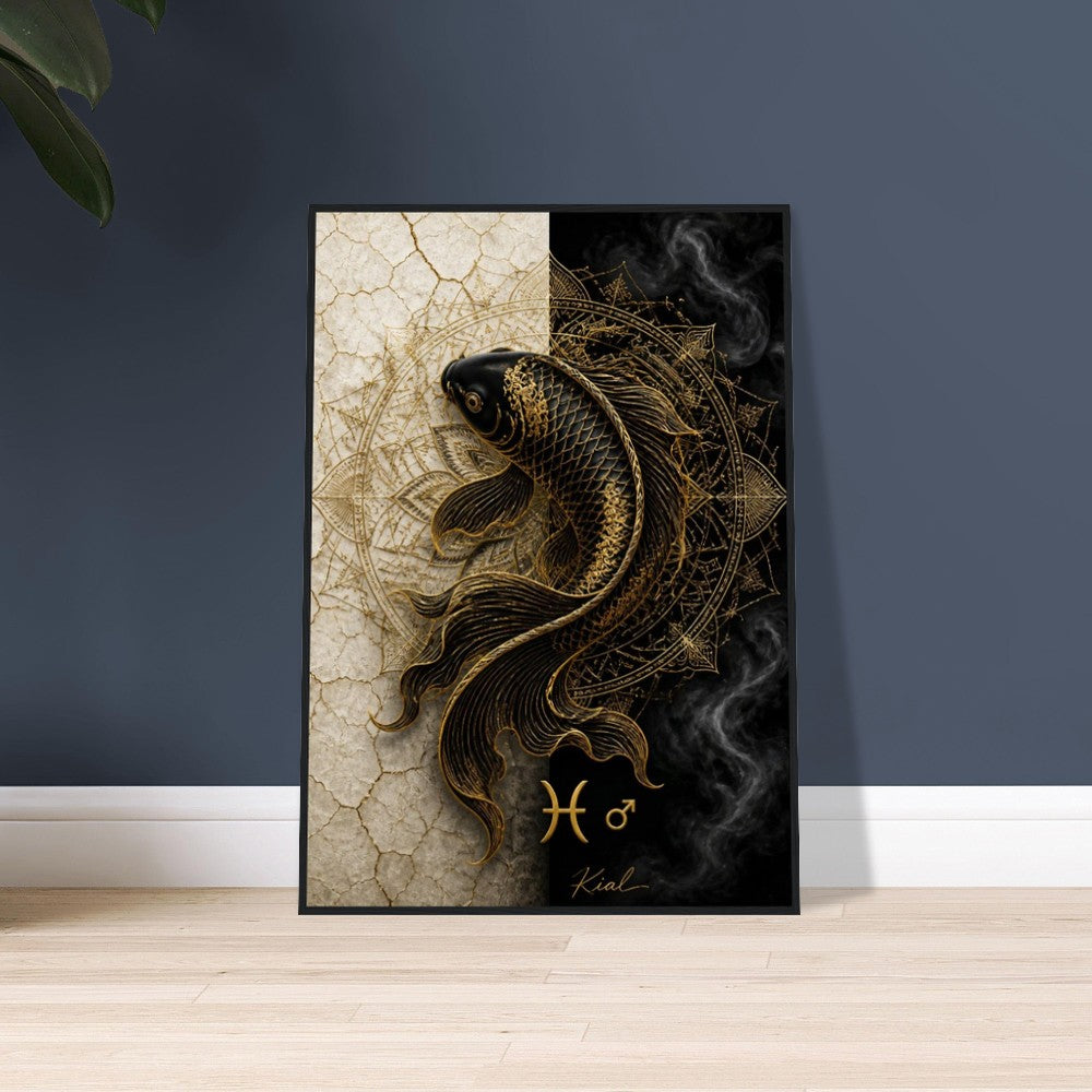 Pisces Zodiac Koi Poster, Gold Wall Art, Astrology Canvas, Koi Portrait, Zodiac Gift for Him, Danish Art Studio