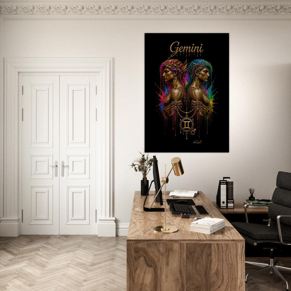 Gemini Neon Zodiac Twins Plakat, Farverig Vægkunst, Kunstnerisk Astrologi Lærred, Stjernetegnsgave til Ham, Danish Art Studio