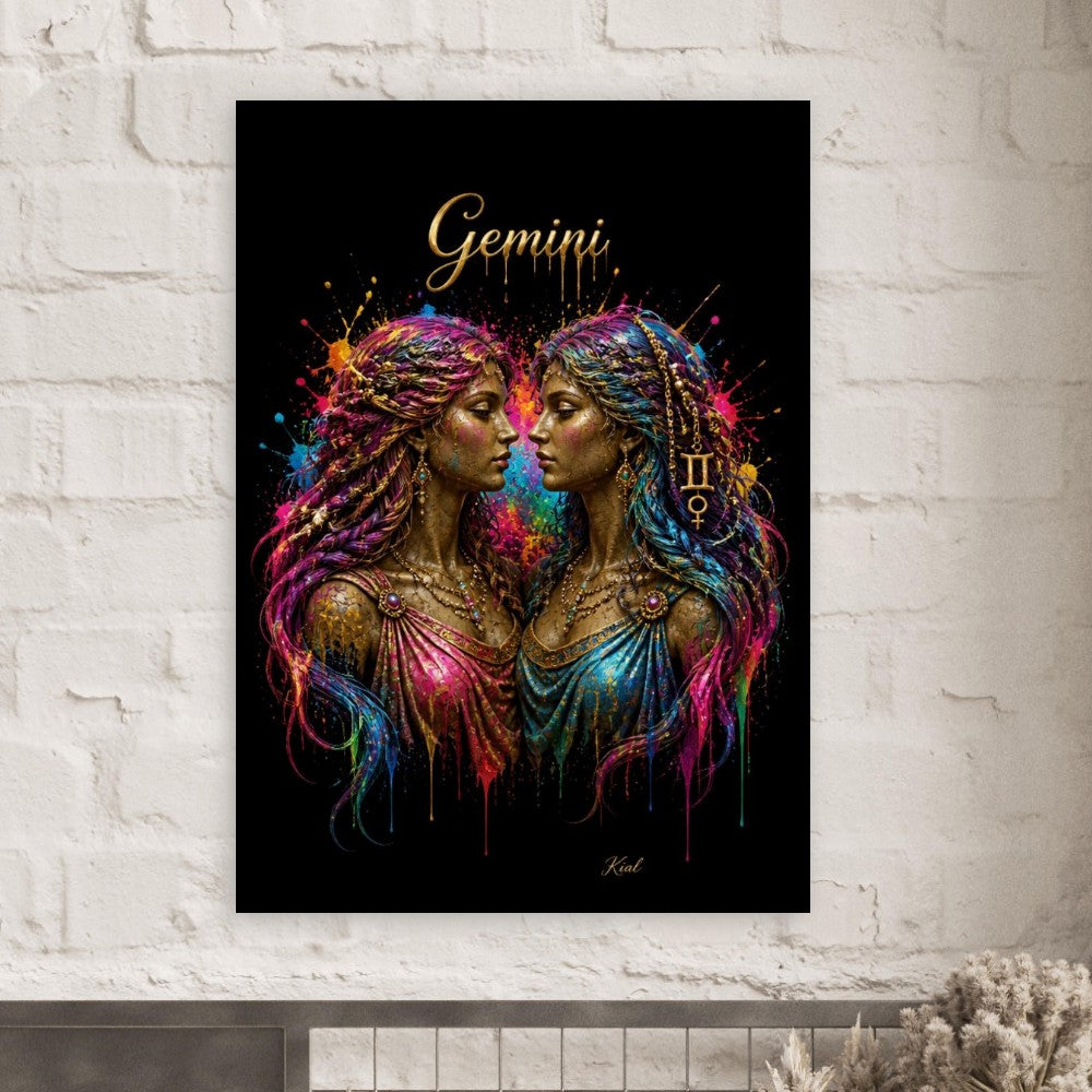 Gemini Neon Zodiac Tvillinger Plakat, Farverig Vægkunst, Kunstnerisk Astrologi Lærred, Horoskop Gave til Hende, Danish Art Studio