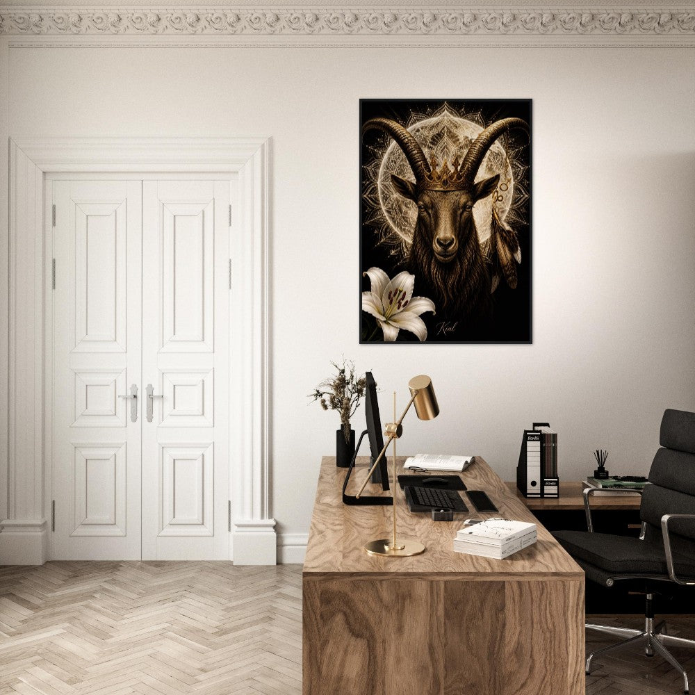 Capricorn Zodiac Goat Poster, Gold Wall Art, Astrology Canvas, Goat Portrait, Zodiac Gift for Him, Danish Art Studio