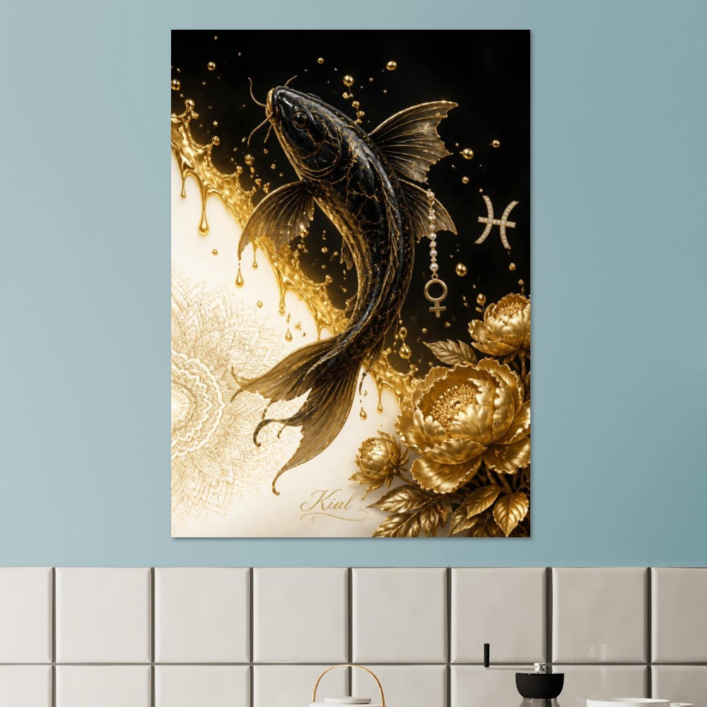 Pisces Zodiac Koi Poster, Gold Wall Art, Astrology Canvas, Koi Portrait, Zodiac Gift for Her, Danish Art Studio