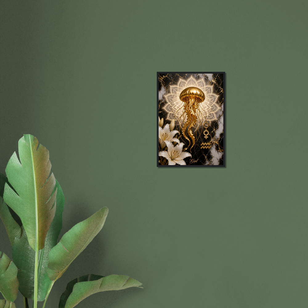 Aquarius Zodiac Jellyfish Poster, Gold Wall Art, Zodiac Gift for Her, Danish Art Studio