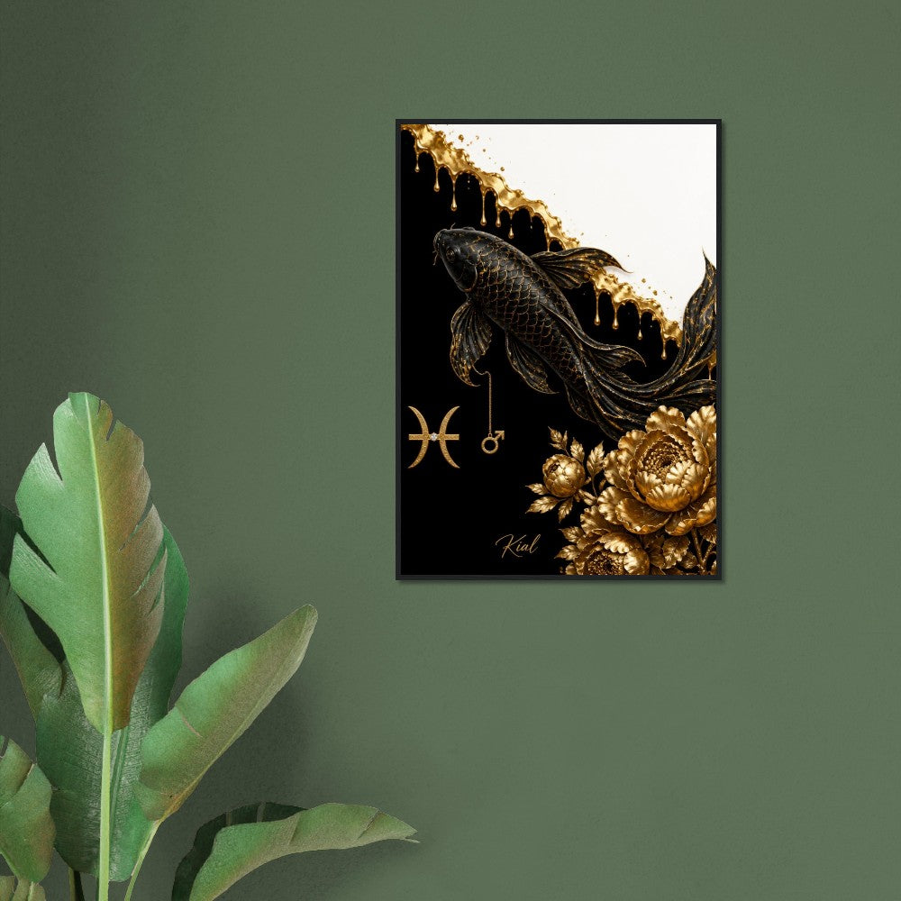 Pisces Zodiac Koi Poster, Gold Wall Art, Astrology Canvas, Koi Portrait, Zodiac Gift for Him, Danish Art Studio