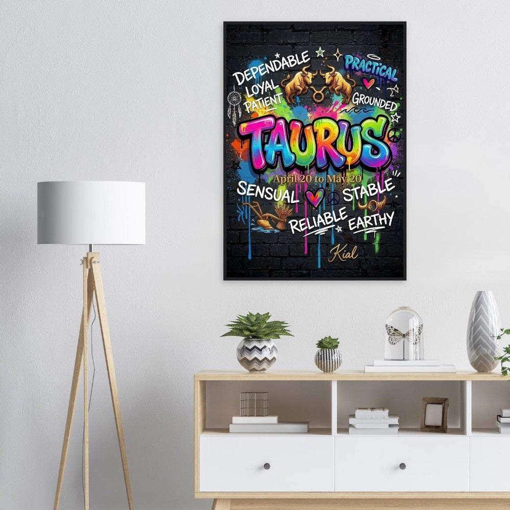 Taurus Neon Graffiti Zodiac Poster, Dark Background, Colorful Street Art, Zodiac Gift for Her, Danish Art Studio