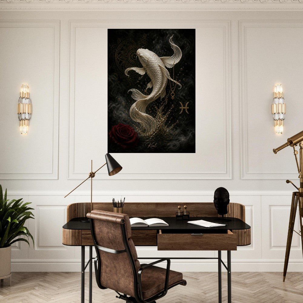 Pisces Zodiac Koi Poster, Gold Wall Art, Astrology Canvas, Koi Portrait, Zodiac Gift for Her, Danish Art Studio