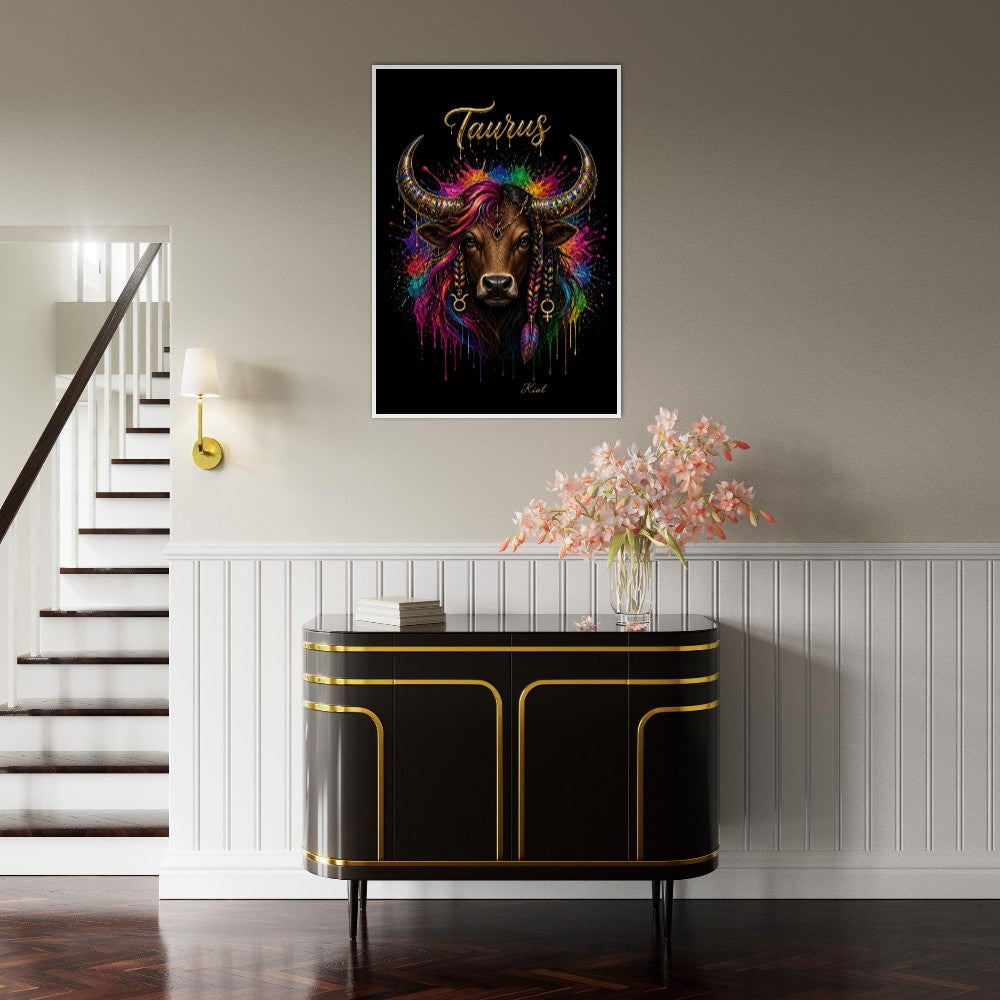 Taurus Neon Zodiac Bull Poster, Colorful Wall Art, Artistic Astrology Canvas, Zodiac Gift for Her, Danish Art Studio
