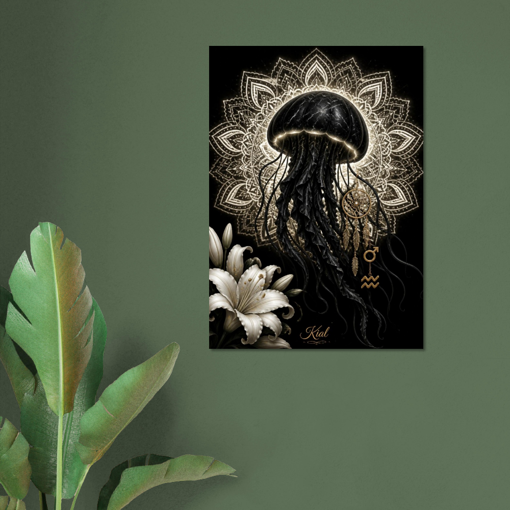 Aquarius Zodiac Jellyfish Poster, Gold Wall Art, Zodiac Gift for Him, Danish Art Studio