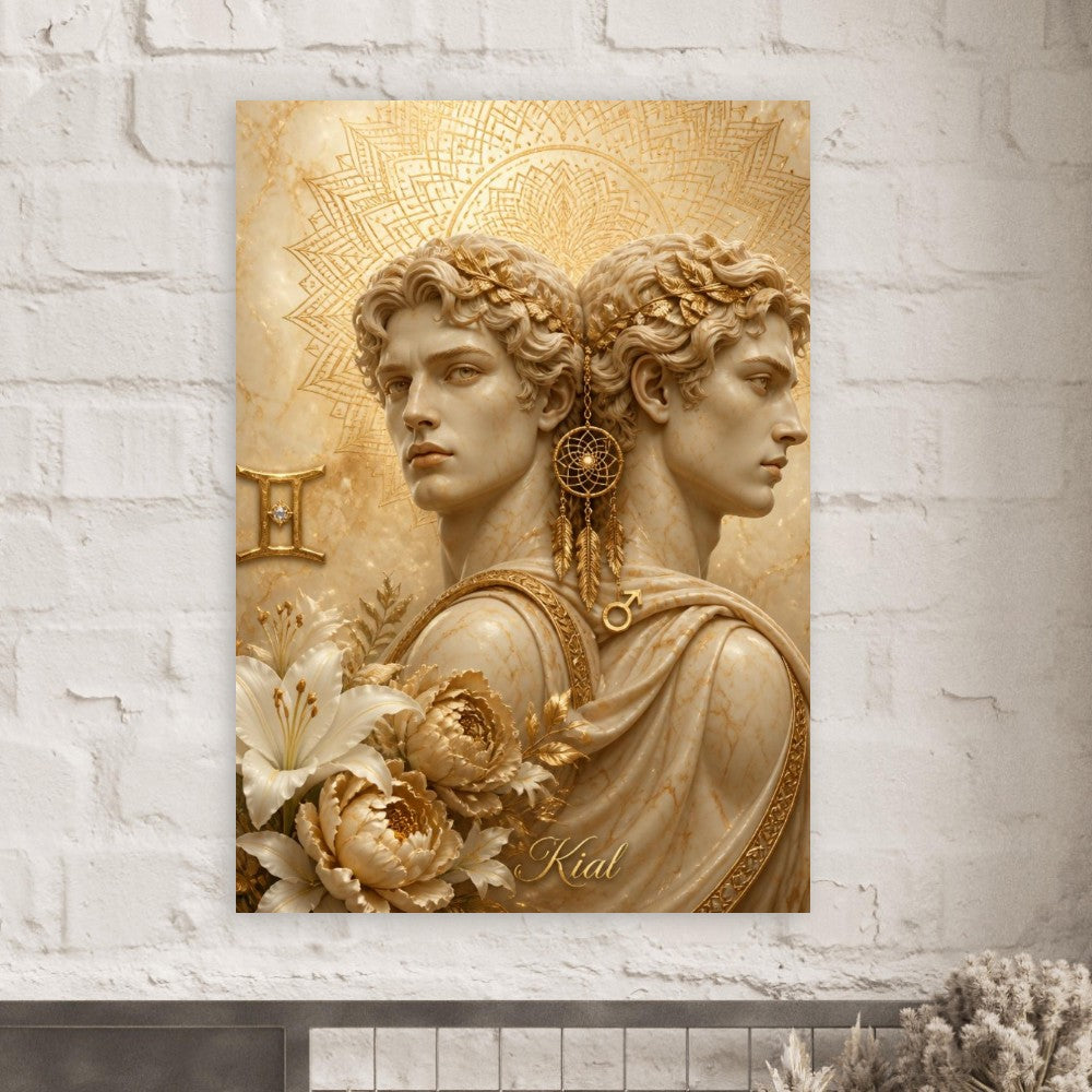Gemini Zodiac Twins Poster, Gold Wall Art, Astrology Canvas, Twins Portrait, Zodiac Gift for Him, Danish Art Studio