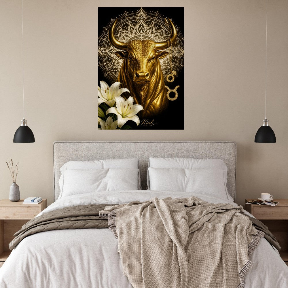 Taurus Zodiac Bull Poster, Gold Wall Art, Astrology Canvas, Bull Portrait, Zodiac Gift for Him, Danish Art Studio