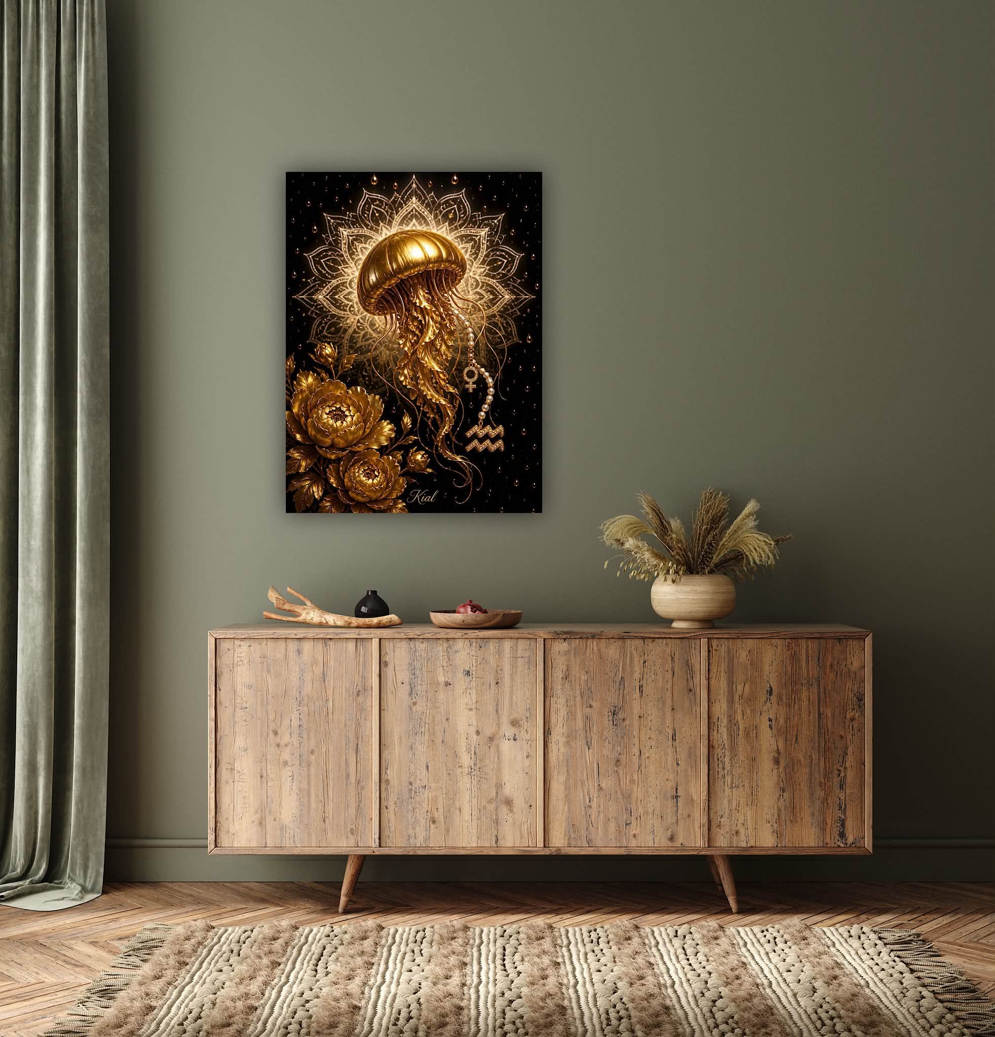 Aquarius Zodiac Jellyfish Poster, Gold Wall Art, Zodiac Gift for Her, Danish Art Studio