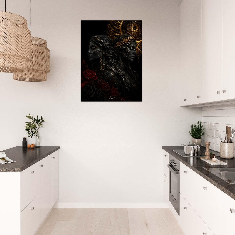 Gemini Zodiac Twins Poster, Gold Wall Art, Astrology Canvas, Twins Portrait, Zodiac Gift for Her, Danish Art Studio