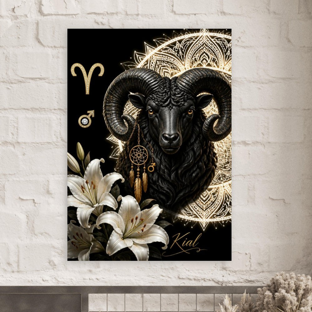 Aries Zodiac Ram Poster, Gold Wall Art, Astrology Canvas, Ram Portrait, Zodiac Gift for Him, Danish Art Studio