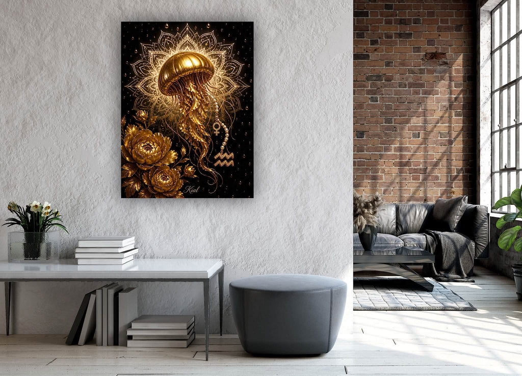 Aquarius Zodiac Jellyfish Poster, Gold Wall Art, Zodiac Gift for Her, Danish Art Studio