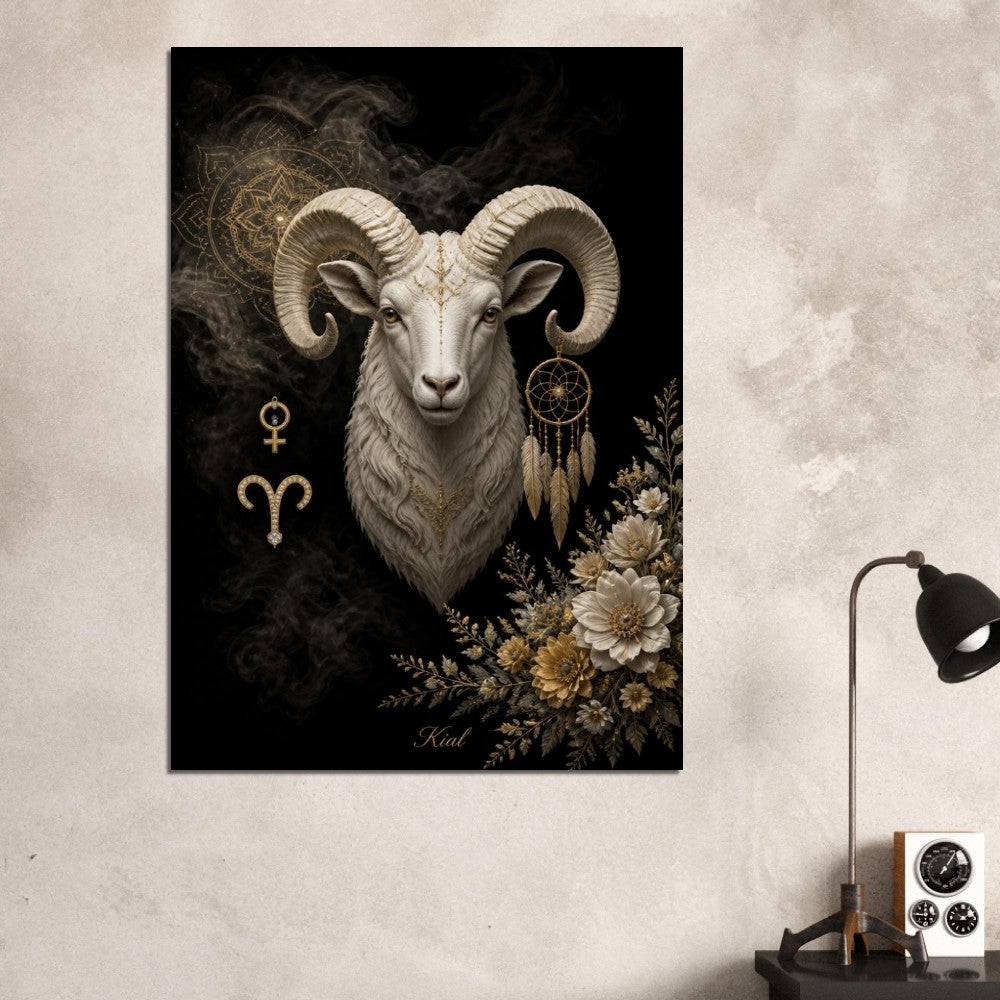Aries Zodiac Ram Poster, Gold Wall Art, Astrology Canvas, Ram Portrait, Zodiac Gift for Her, Danish Art Studio