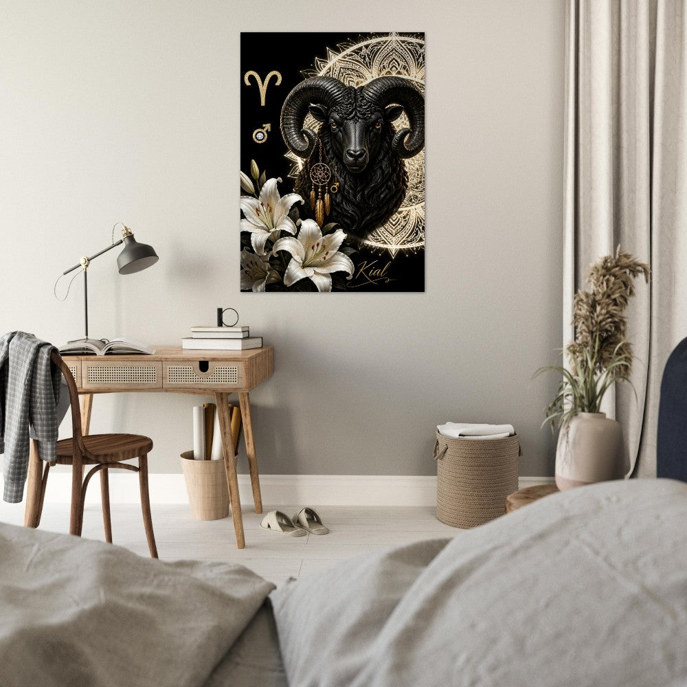 Aries Zodiac Ram Poster, Gold Wall Art, Astrology Canvas, Ram Portrait, Zodiac Gift for Him, Danish Art Studio