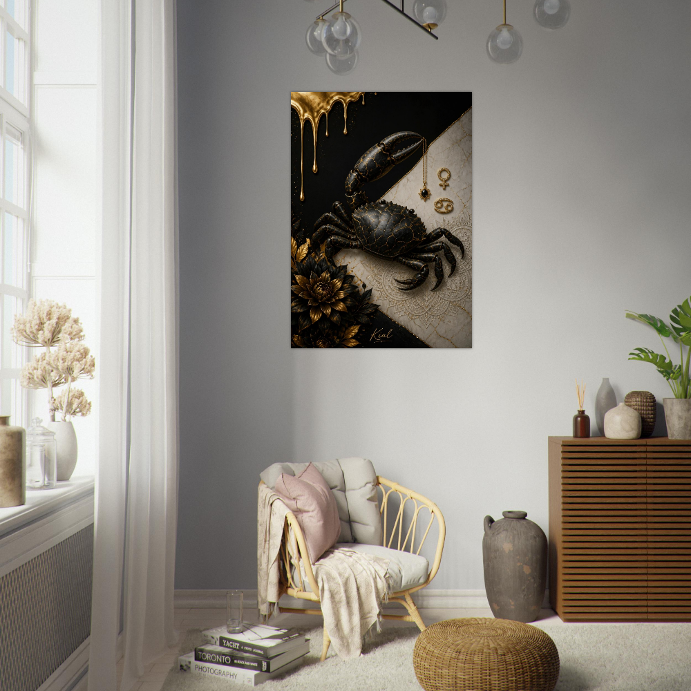 Cancer Zodiac Crab Poster, Gold Wall Art, Astrology Canvas, Crab Portrait, Zodiac Gift for Her, Danish Art Studio