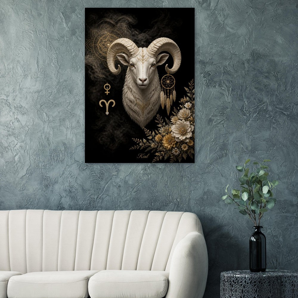 Aries Zodiac Ram Poster, Gold Wall Art, Astrology Canvas, Ram Portrait, Zodiac Gift for Her, Danish Art Studio