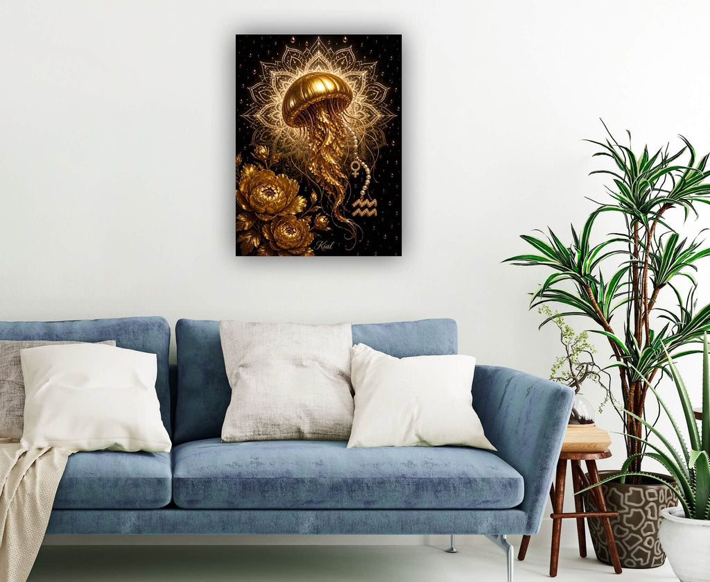 Aquarius Zodiac Jellyfish Poster, Gold Wall Art, Zodiac Gift for Her, Danish Art Studio