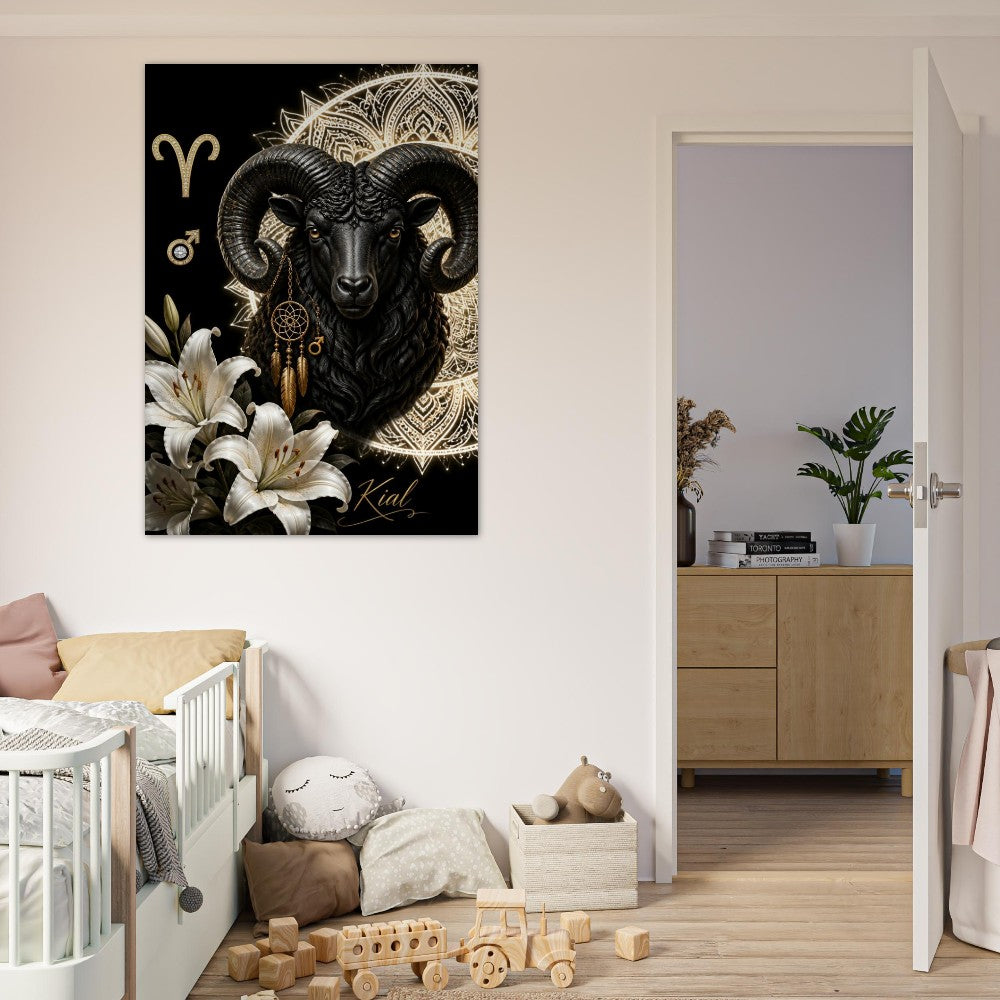 Aries Zodiac Ram Poster, Gold Wall Art, Astrology Canvas, Ram Portrait, Zodiac Gift for Him, Danish Art Studio