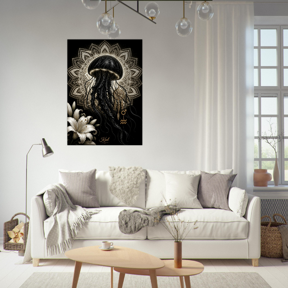Aquarius Zodiac Jellyfish Poster, Gold Wall Art, Zodiac Gift for Him, Danish Art Studio