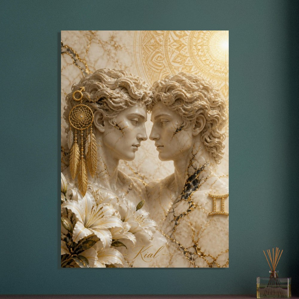 Gemini Zodiac Twins Poster, Gold Wall Art, Astrology Canvas, Twins Portrait, Zodiac Gift for Him, Danish Art Studio