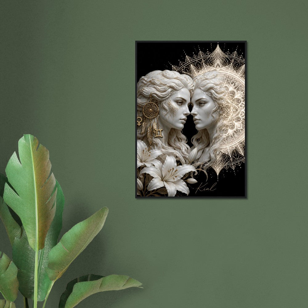 Gemini Zodiac Twins Poster, Gold Wall Art, Astrology Canvas, Twins Portrait, Zodiac Gift for Her, Danish Art Studio