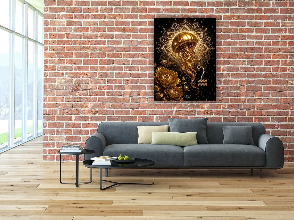 Aquarius Zodiac Jellyfish Poster, Gold Wall Art, Zodiac Gift for Her, Danish Art Studio