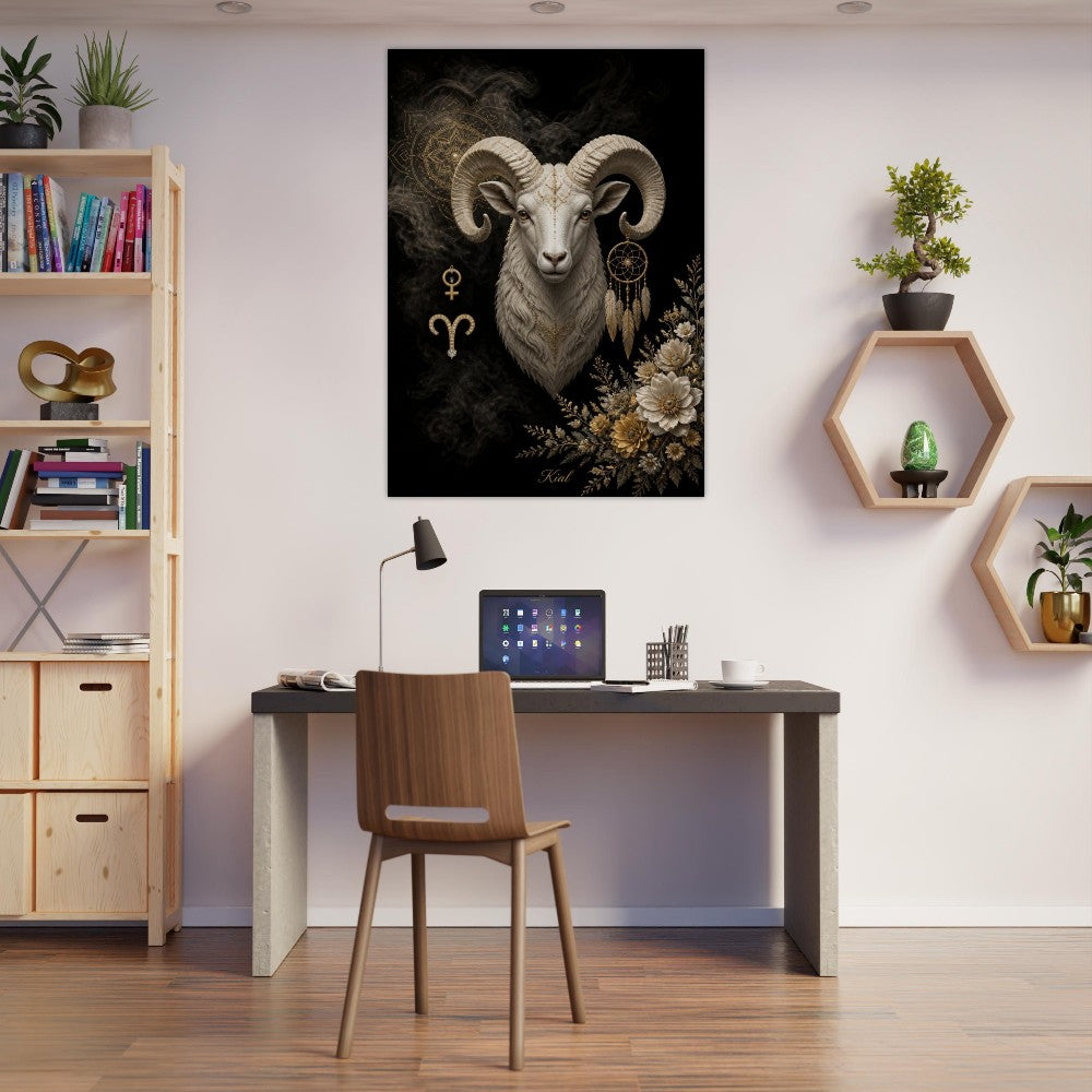 Aries Zodiac Ram Poster, Gold Wall Art, Astrology Canvas, Ram Portrait, Zodiac Gift for Her, Danish Art Studio