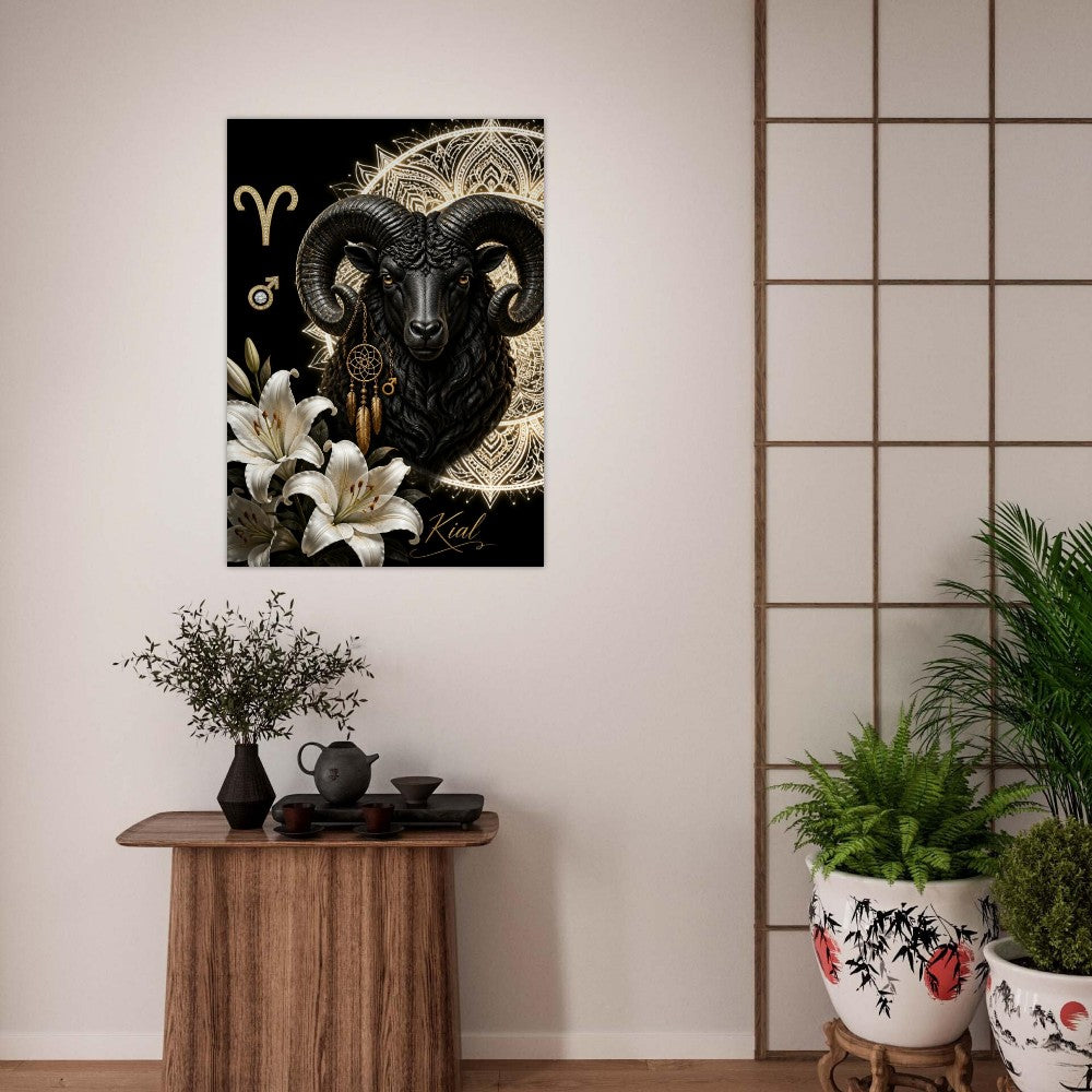 Aries Zodiac Ram Poster, Gold Wall Art, Astrology Canvas, Ram Portrait, Zodiac Gift for Him, Danish Art Studio