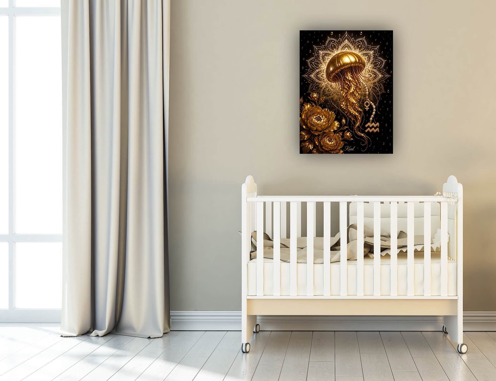 Aquarius Zodiac Jellyfish Poster, Gold Wall Art, Zodiac Gift for Her, Danish Art Studio