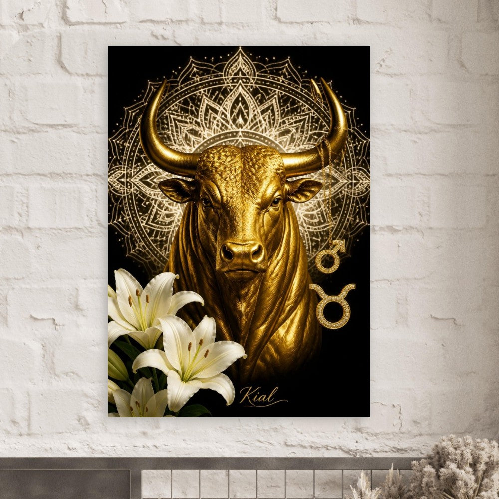 Taurus Zodiac Bull Poster, Gold Wall Art, Astrology Canvas, Bull Portrait, Zodiac Gift for Him, Danish Art Studio