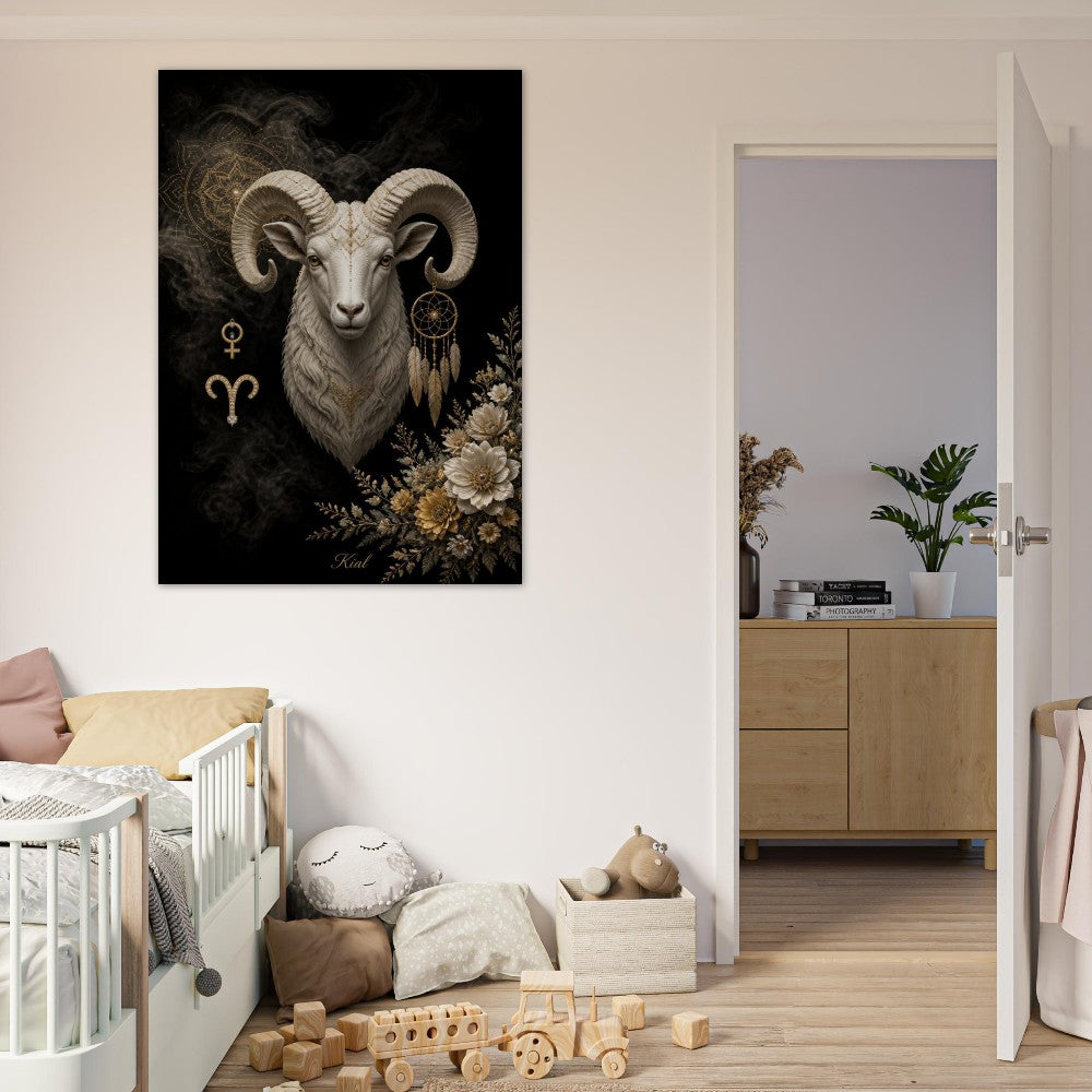 Aries Zodiac Ram Poster, Gold Wall Art, Astrology Canvas, Ram Portrait, Zodiac Gift for Her, Danish Art Studio