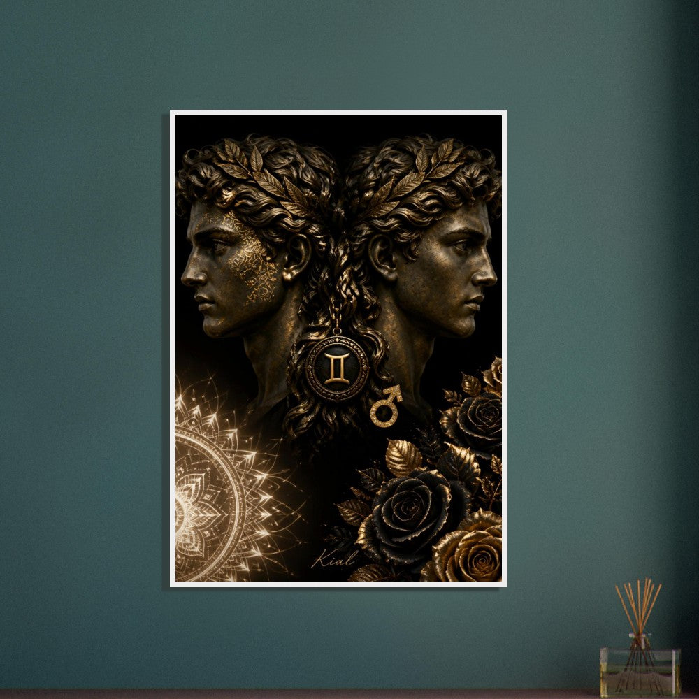Gemini Zodiac Twins Poster, Gold Wall Art, Astrology Canvas, Twins Portrait, Zodiac Gift for Him, Danish Art Studio