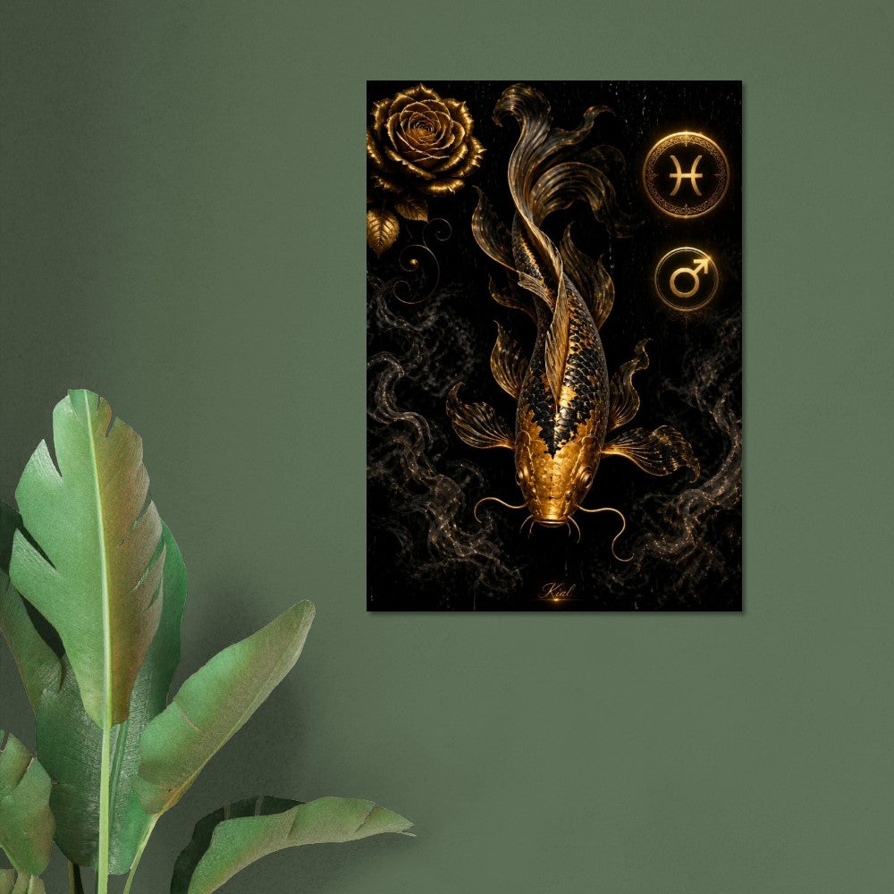 Pisces Zodiac Koi Poster, Gold Wall Art, Astrology Canvas, Koi Portrait, Zodiac Gift for Him, Danish Art Studio