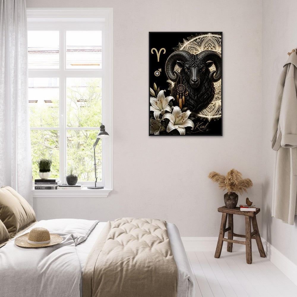 Aries Zodiac Ram Poster, Gold Wall Art, Astrology Canvas, Ram Portrait, Zodiac Gift for Him, Danish Art Studio