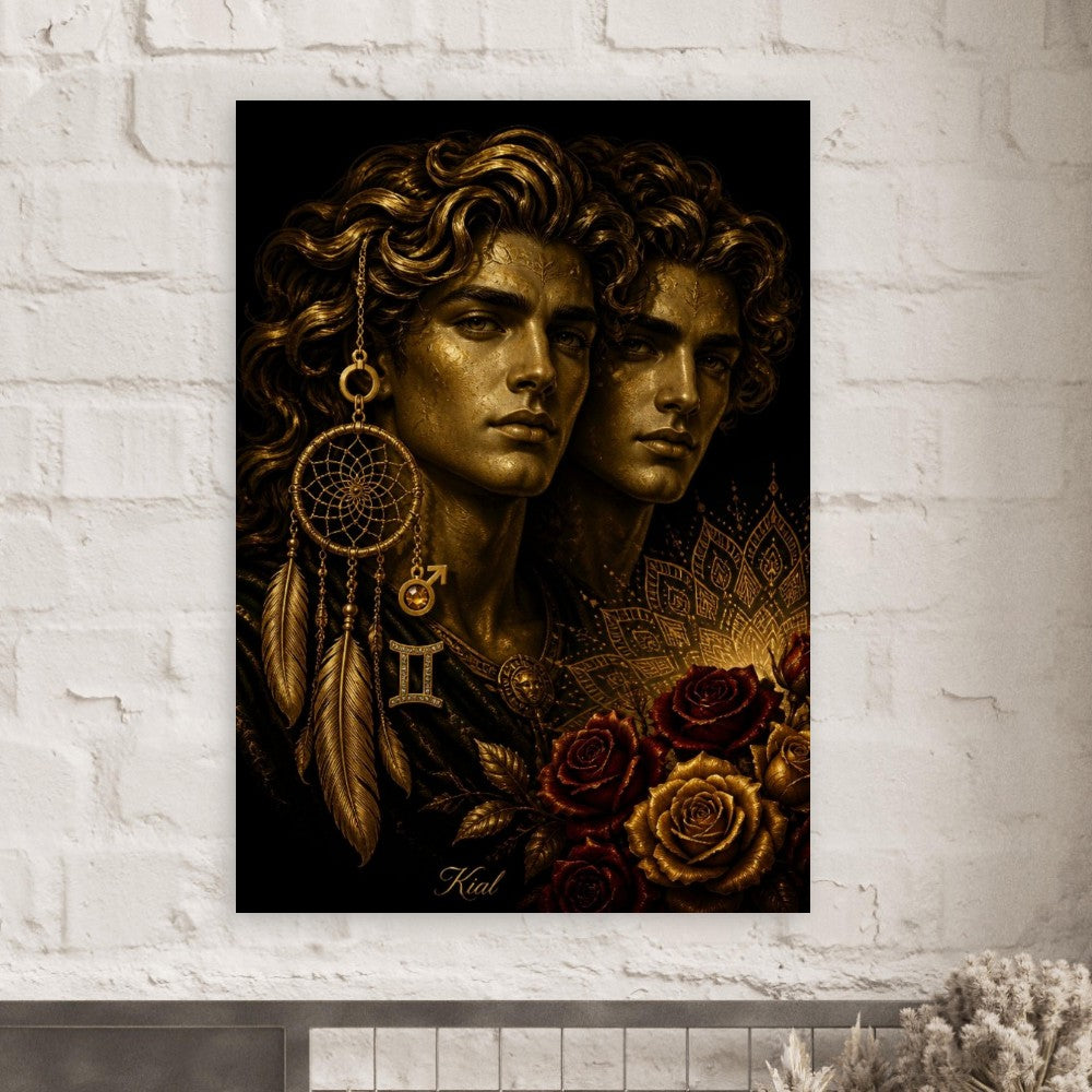 Gemini Zodiac Twins Poster, Gold Wall Art, Astrology Canvas, Twins Portrait, Zodiac Gift for Him, Danish Art Studio