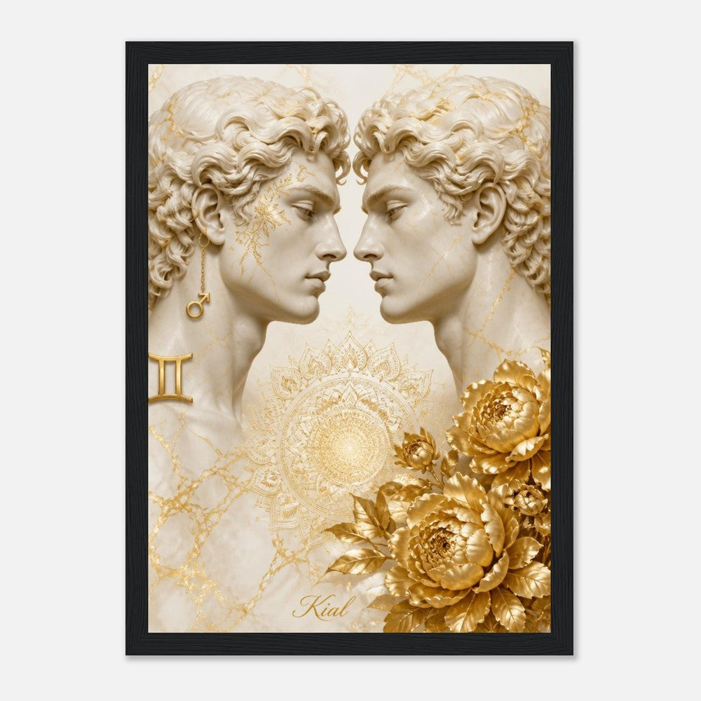 Gemini Zodiac Twins Poster, Gold Wall Art, Astrology Canvas, Twins Portrait, Zodiac Gift for Him, Danish Art Studio