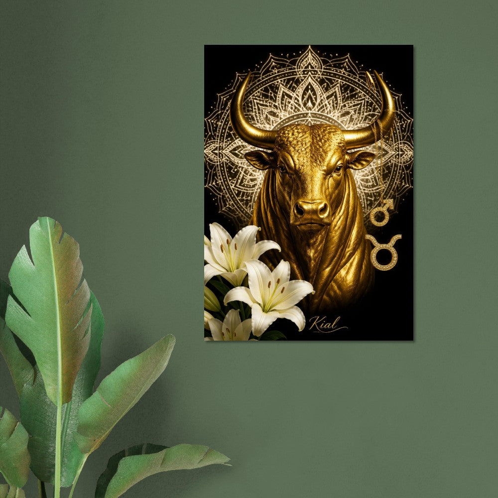 Taurus Zodiac Bull Poster, Gold Wall Art, Astrology Canvas, Bull Portrait, Zodiac Gift for Him, Danish Art Studio
