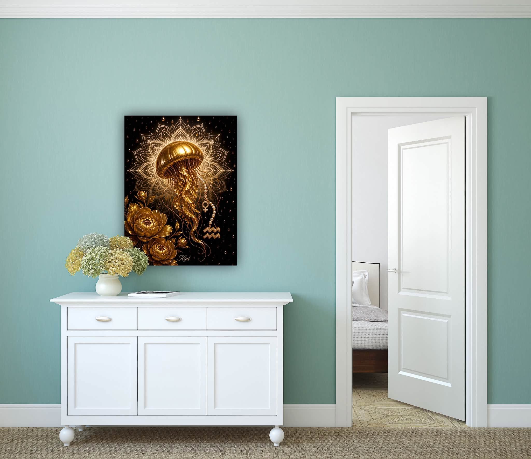 Aquarius Zodiac Jellyfish Poster, Gold Wall Art, Zodiac Gift for Her, Danish Art Studio