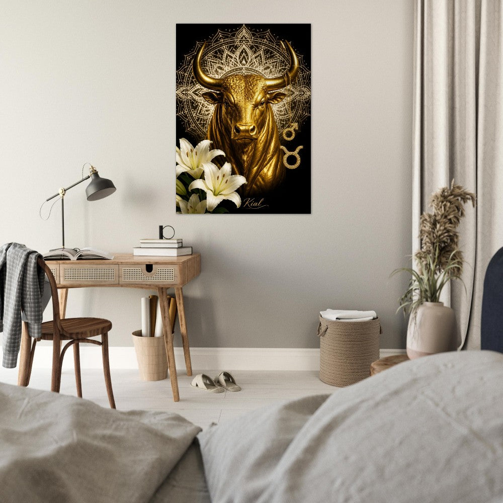 Taurus Zodiac Bull Poster, Gold Wall Art, Astrology Canvas, Bull Portrait, Zodiac Gift for Him, Danish Art Studio
