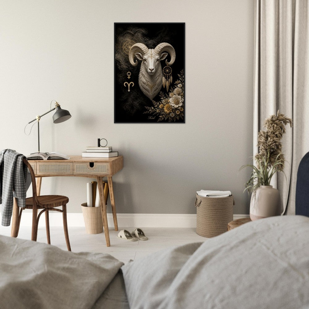 Aries Zodiac Ram Poster, Gold Wall Art, Astrology Canvas, Ram Portrait, Zodiac Gift for Her, Danish Art Studio
