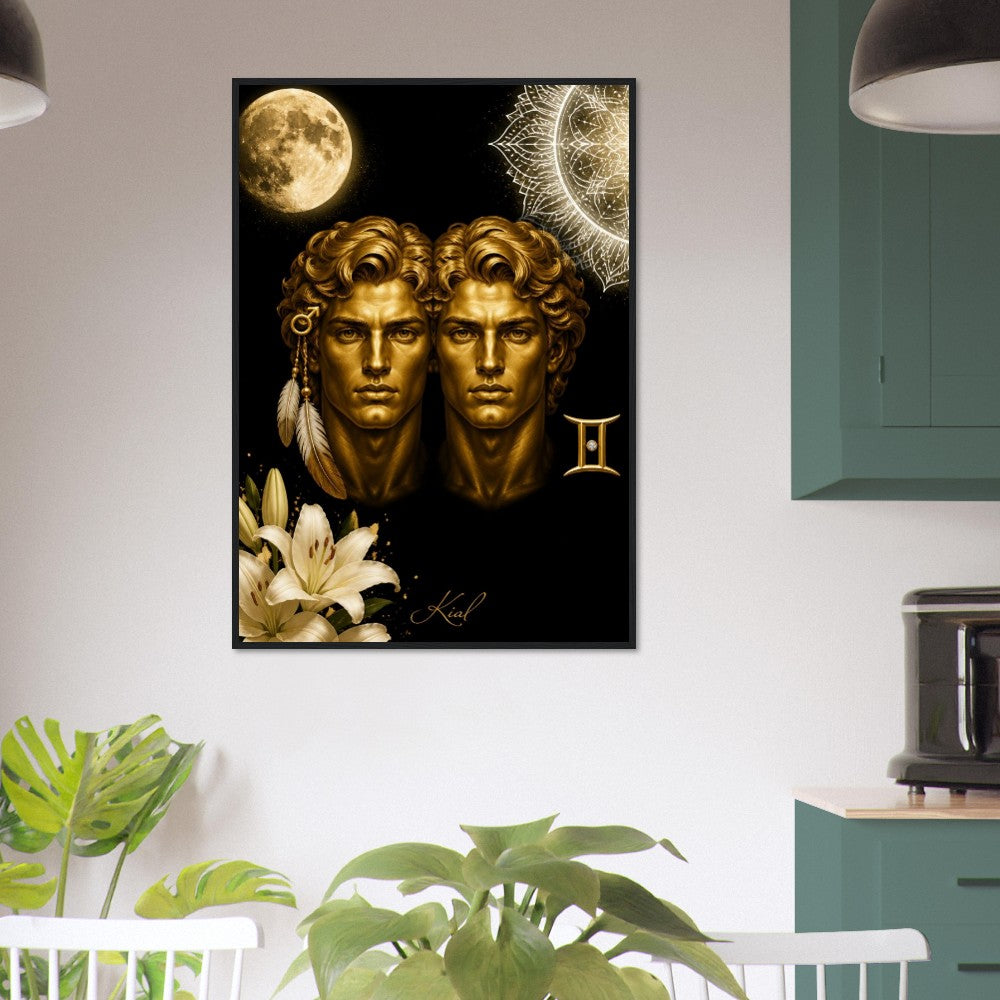 Gemini Zodiac Twins Poster, Gold Wall Art, Astrology Canvas, Twins Portrait, Zodiac Gift for Him, Danish Art Studio