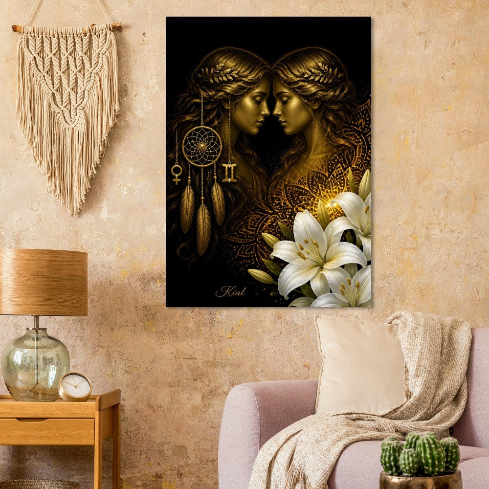 Gemini Zodiac Twins Poster, Gold Wall Art, Astrology Canvas, Twins Portrait, Zodiac Gift for Her, Danish Art Studio