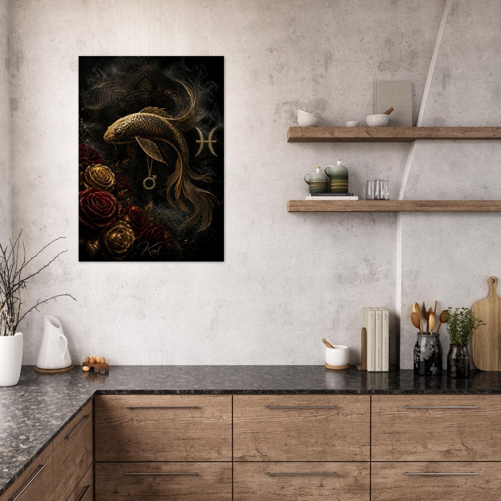 Pisces Zodiac Koi Poster, Gold Wall Art, Astrology Canvas, Koi Portrait, Zodiac Gift for Him, Danish Art Studio